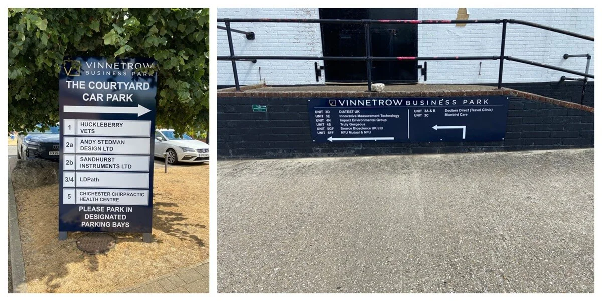 A collage of the exterior wayfinding sign and ramp signage for Marshall Clark.
